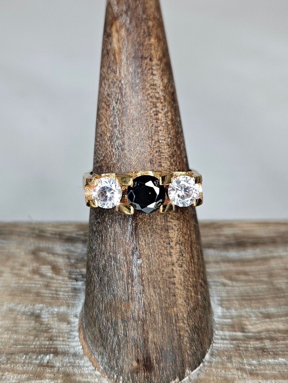 Vintage Sterling Silver Bronze Mixed Metal Three Stone Ring Black Clear Sz 6.75